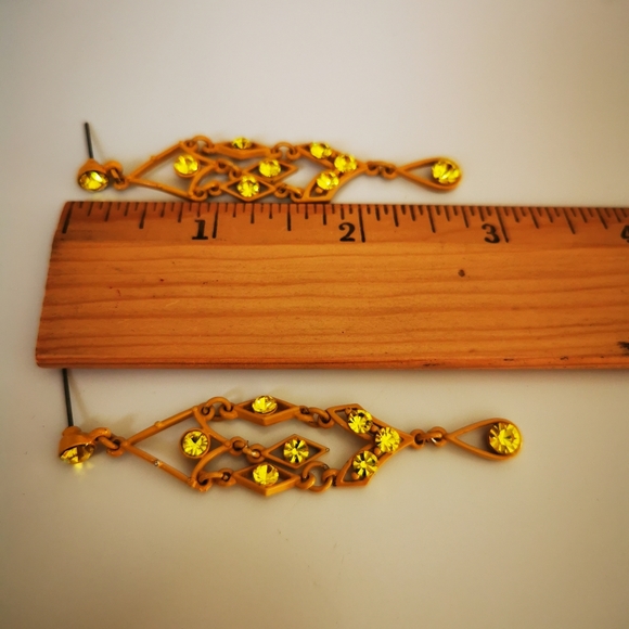 Yellow Painted Metal Chandelier Post Earrings with Yellow Rhinestones - Picture 12 of 13